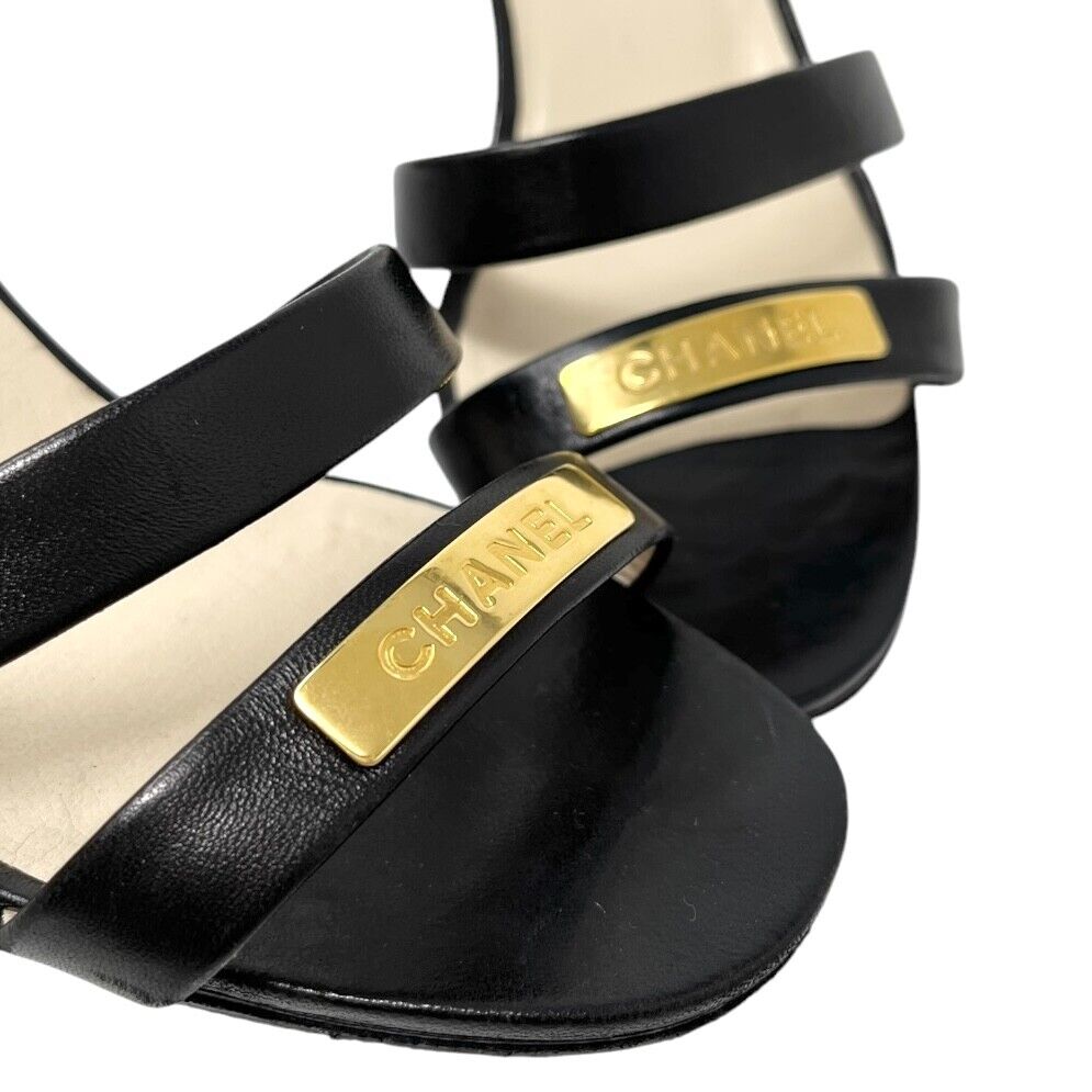 Luxury Promise Japan CHANEL Vintage 98P CC Logo Heels Mules Sandals #36.5-37 Black Gold Leather