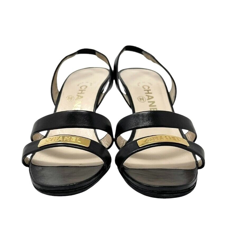 Luxury Promise Japan CHANEL Vintage 98P CC Logo Heels Mules Sandals #36.5-37 Black Gold Leather