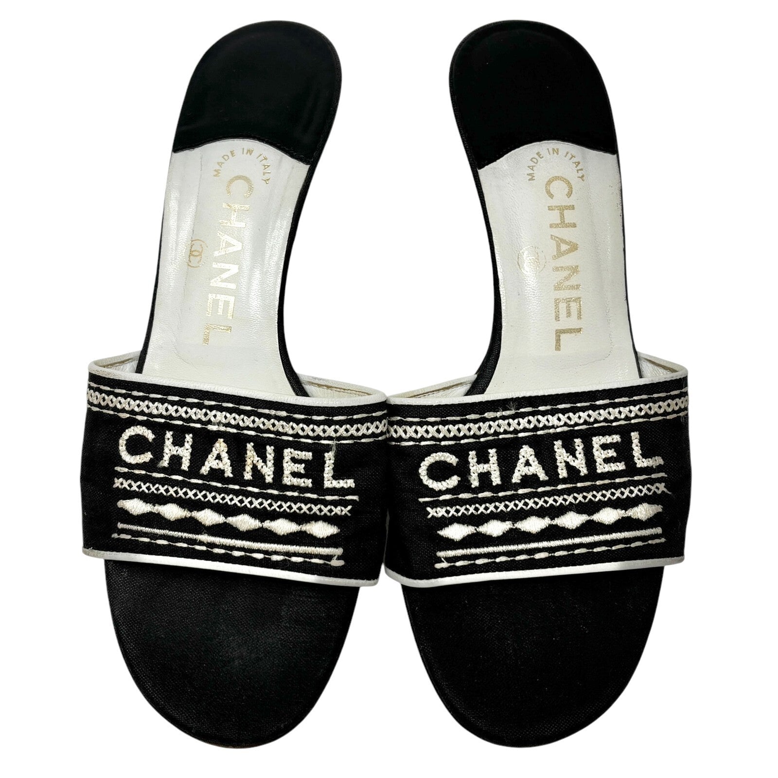 Luxury Promise Japan CHANEL Vintage Jacquard Logo Embroidered Sandals #36.5-37 Black White Linen