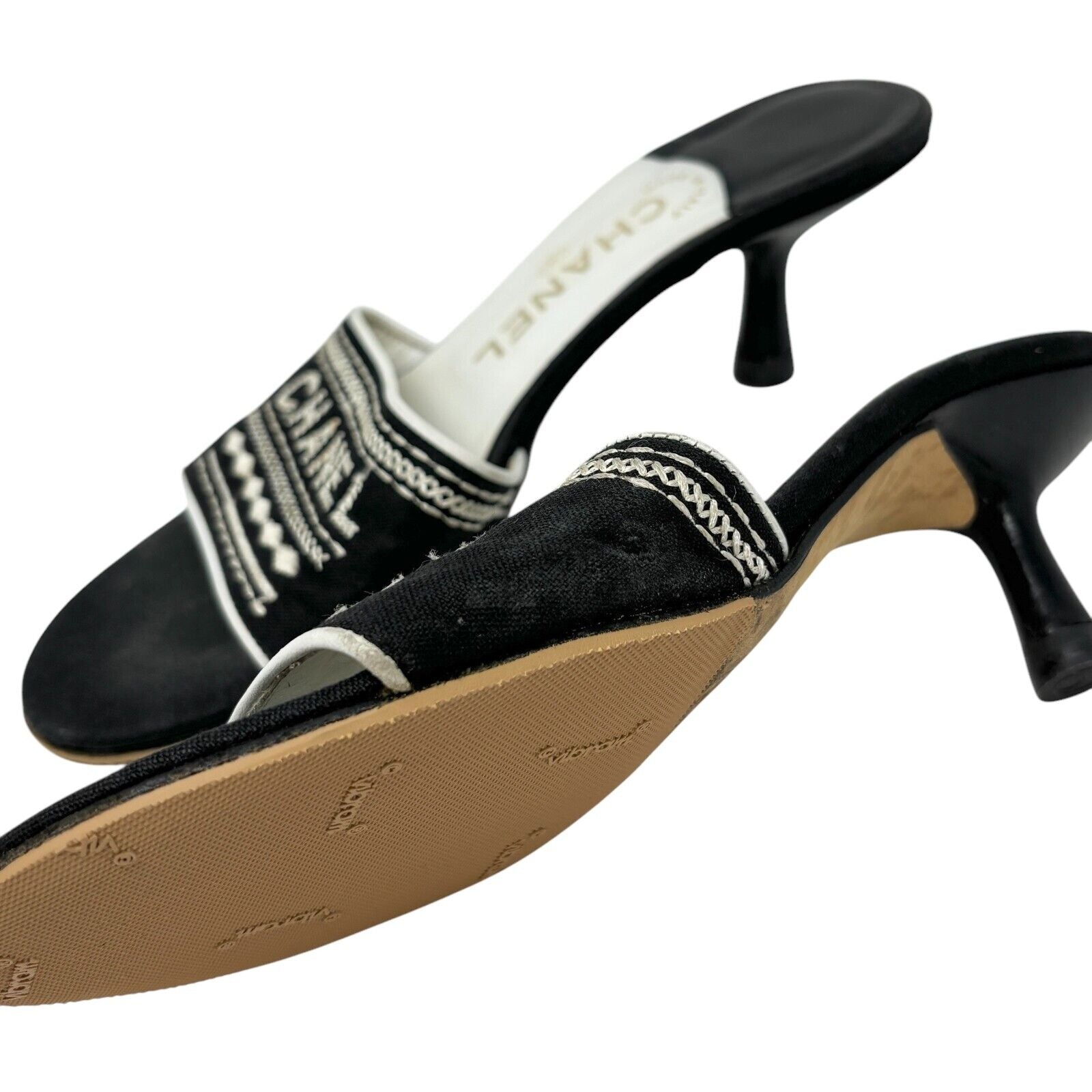 Luxury Promise Japan CHANEL Vintage Jacquard Logo Embroidered Sandals #36.5-37 Black White Linen