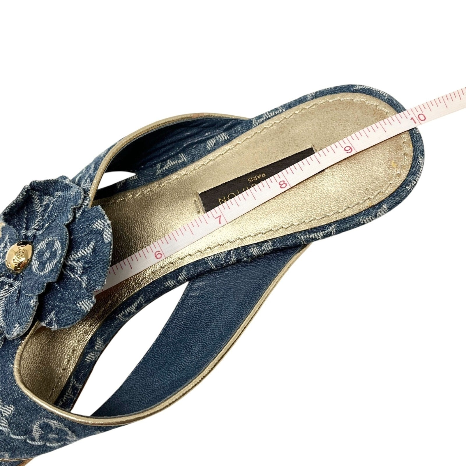 Luxury Promise Japan LOUIS VUITTON Vintage LV Monogram Denim Sandals #38 Flower Blue Gold Leather