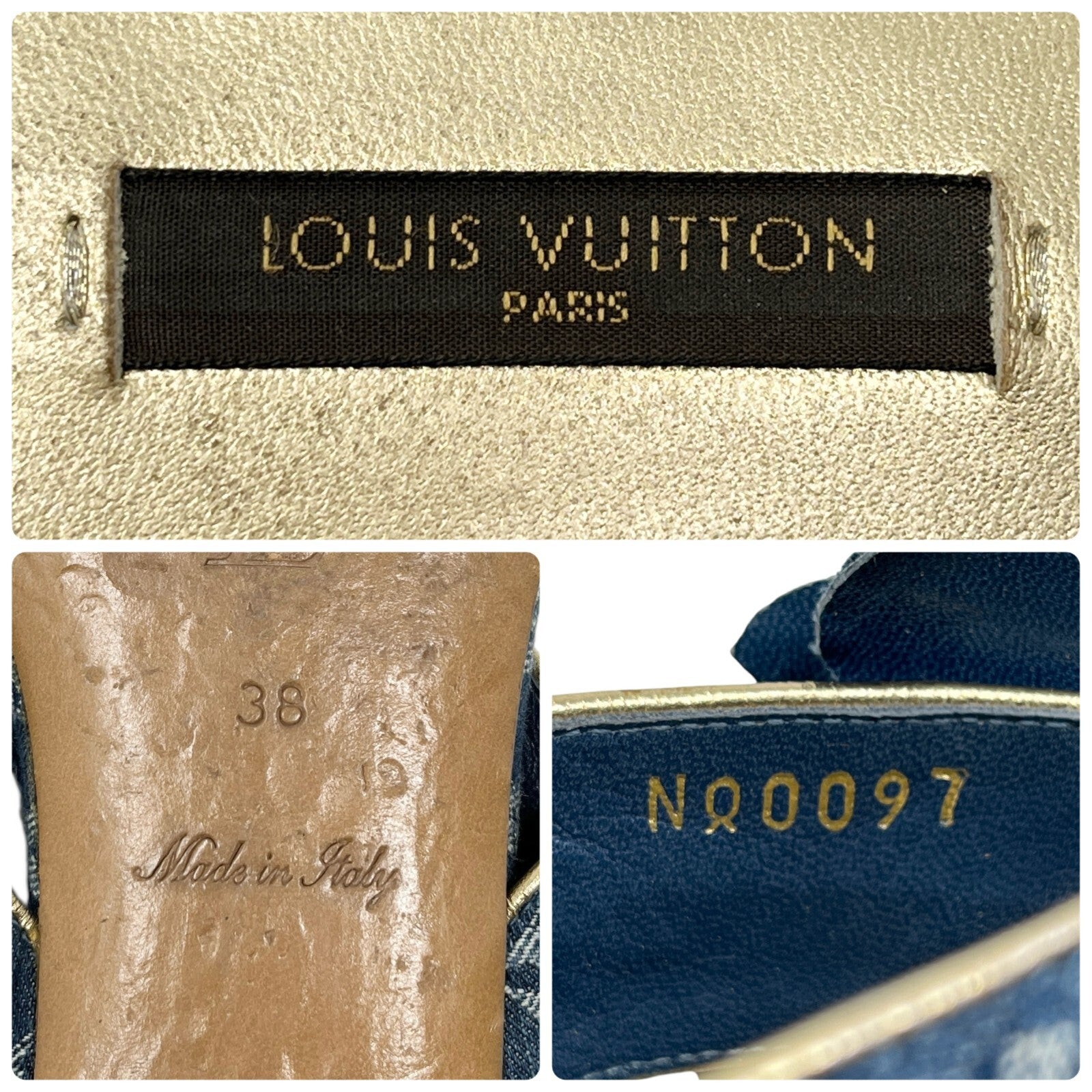 Luxury Promise Japan LOUIS VUITTON Vintage LV Monogram Denim Sandals #38 Flower Blue Gold Leather