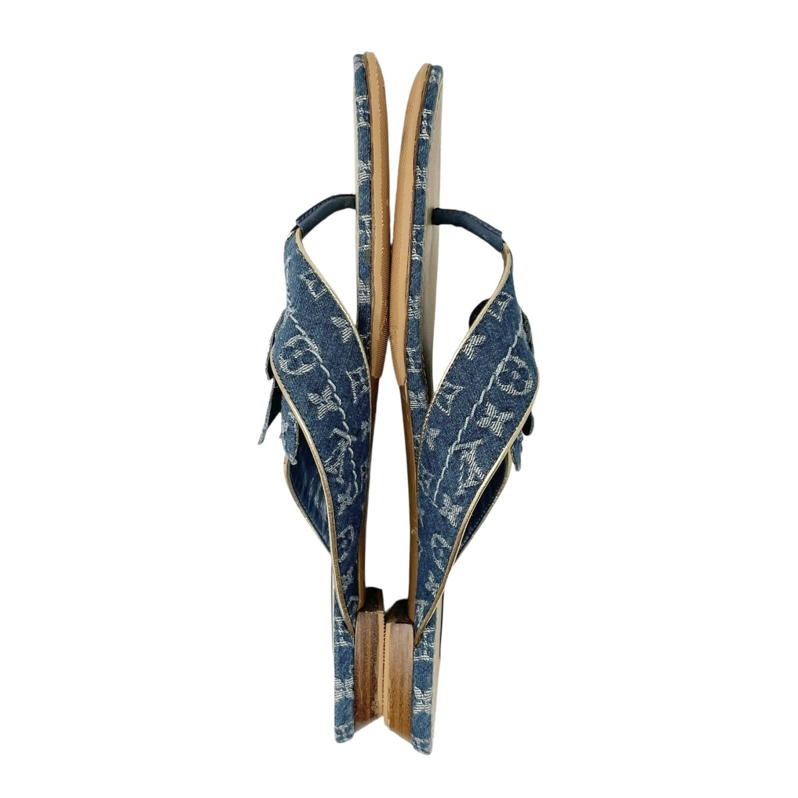 Luxury Promise Japan LOUIS VUITTON Vintage LV Monogram Denim Sandals #38 Flower Blue Gold Leather