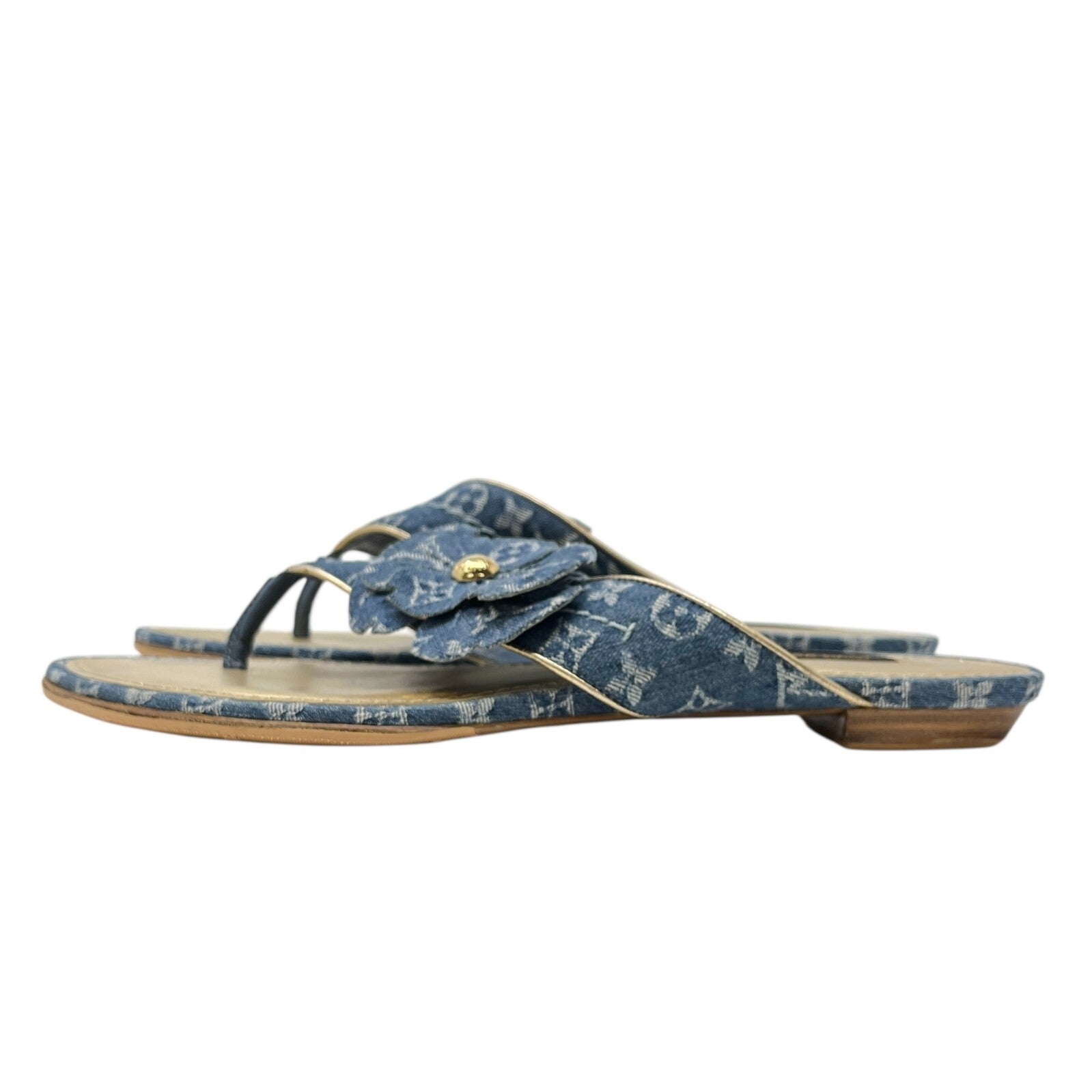 Luxury Promise Japan LOUIS VUITTON Vintage LV Monogram Denim Sandals #38 Flower Blue Gold Leather