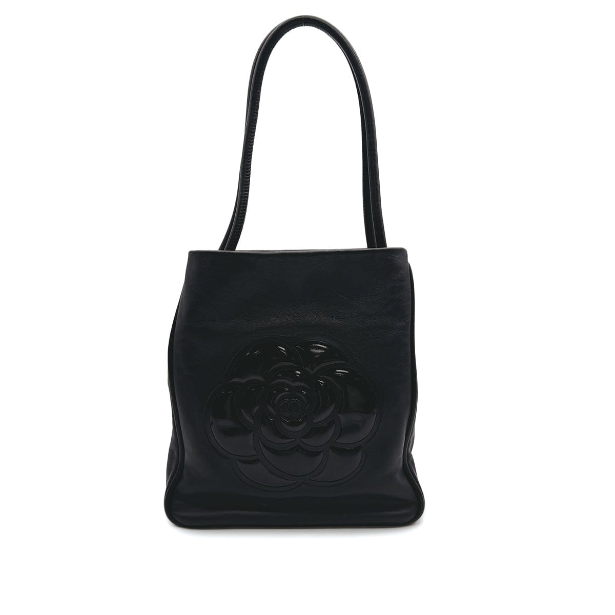 Luxury Promise Japan VINTAGE CHANEL CAMELLIA LOGO TOTE BAG BLACK LEATHER ENAMEL 90317870