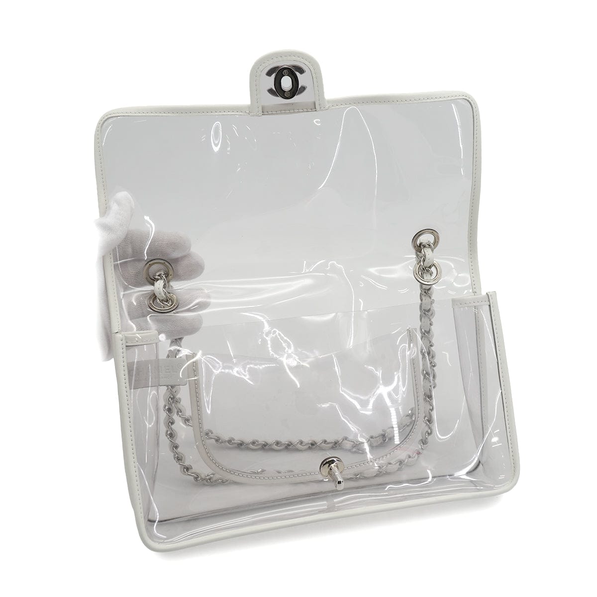 Luxury Promise Japan VINTAGE CHANEL CHAIN SHOULDER BAG CLEAR WHITE VINYL LEATHER SILVER HARDWARE 90327098