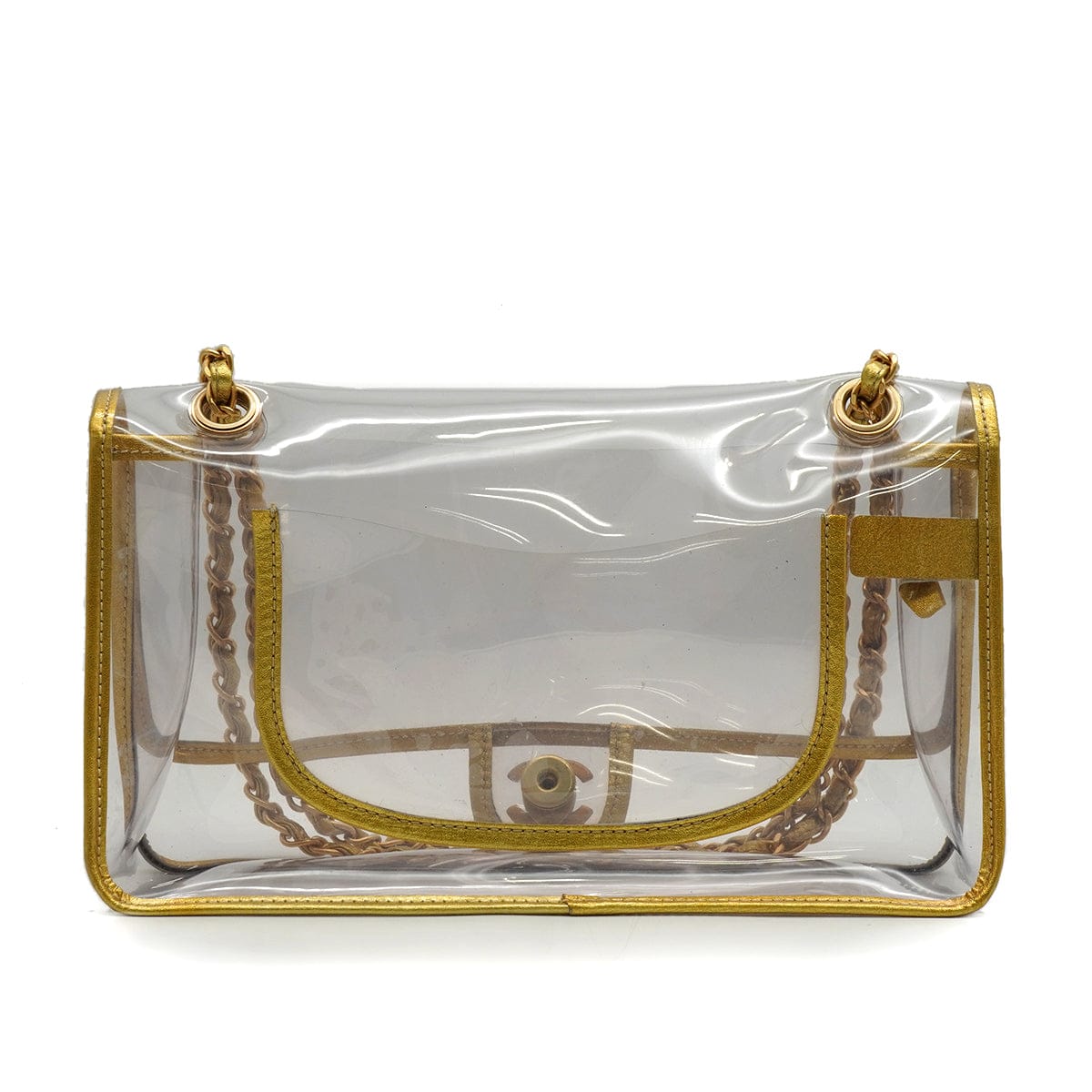 Luxury Promise Japan VINTAGE CHANEL CHAIN SHOULDER BAG GOLD CLEAR VINYL LEATHER GOLD HARDWARE 90343016