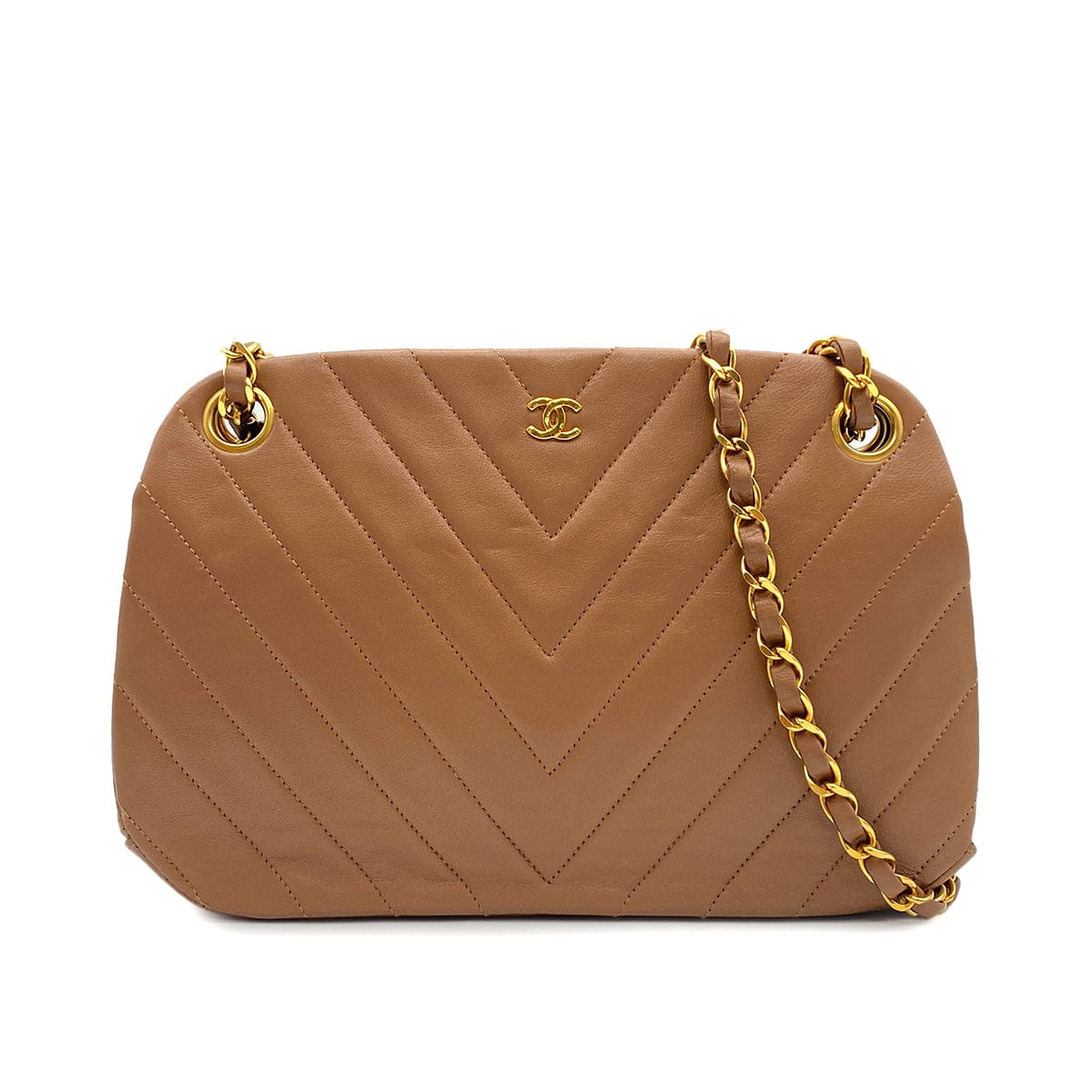 Luxury Promise Japan VINTAGE CHANEL CHEVRON CHAIN SHOULDER BAG CAMEL LAMB SKIN GOLD HARDWARE 90324814