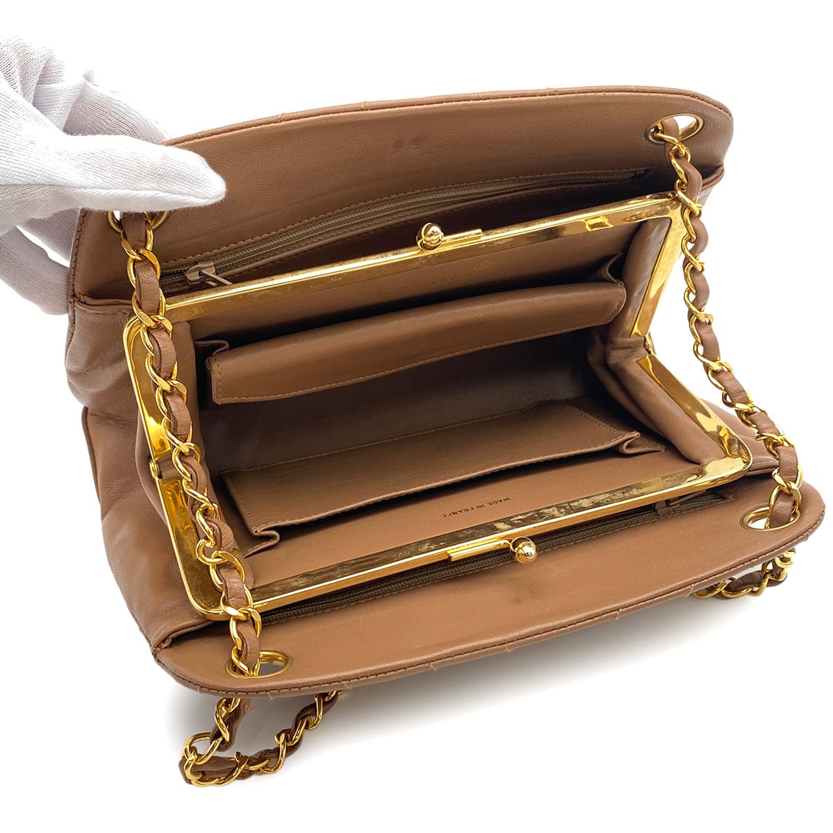 Luxury Promise Japan VINTAGE CHANEL CHEVRON CHAIN SHOULDER BAG CAMEL LAMB SKIN GOLD HARDWARE 90324814