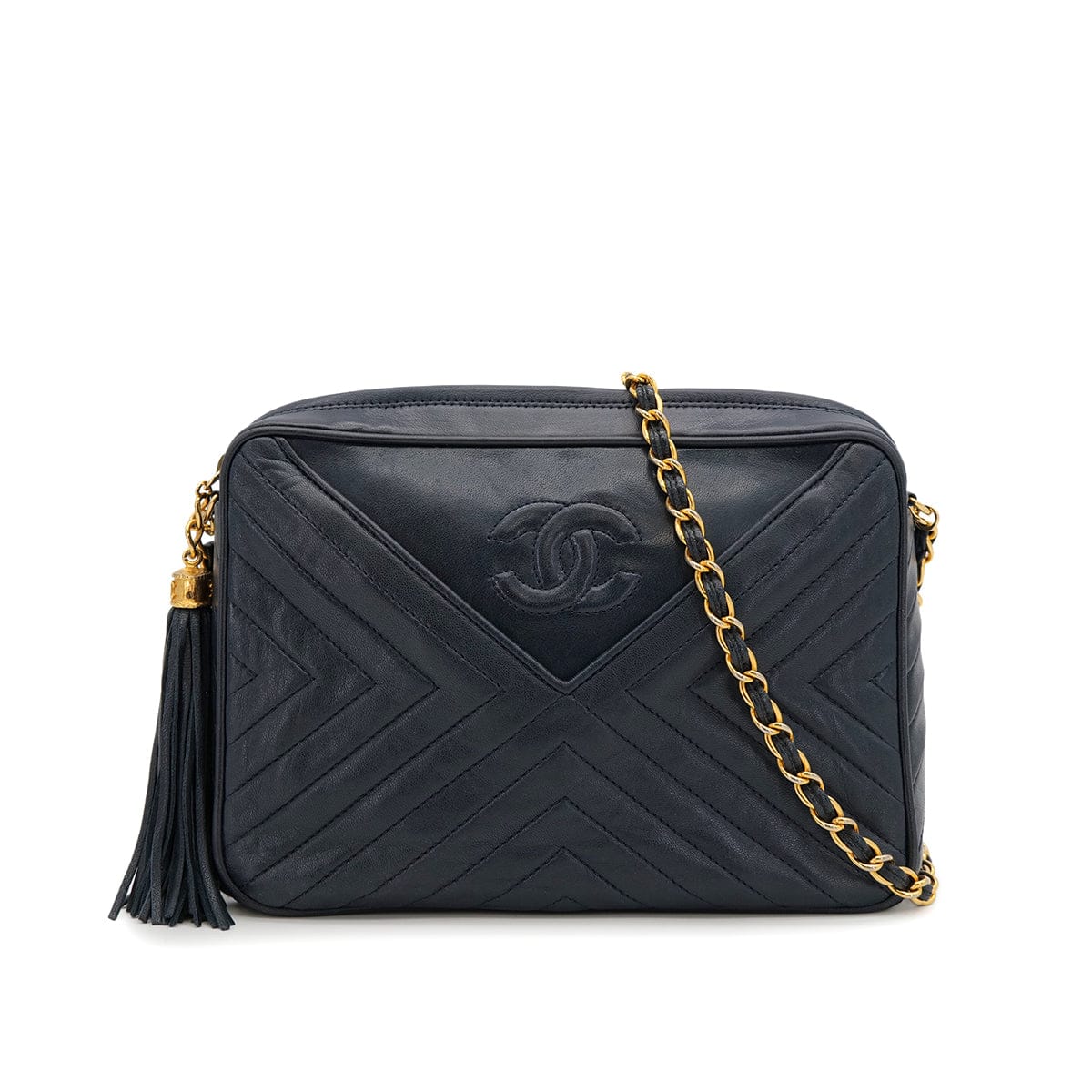 Luxury Promise Japan VINTAGE CHANEL CHEVRON FRINGE CHAIN SHOULDER BAG NAVY LAMB SKIN GOLD HARDWARE 90323146