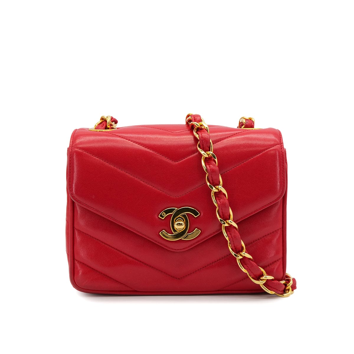 Luxury Promise Japan VINTAGE CHANEL CHEVRON V STITCH CHAIN SHOULDER BAG RED LAMB SKIN GOLD HARDWARE 90321155