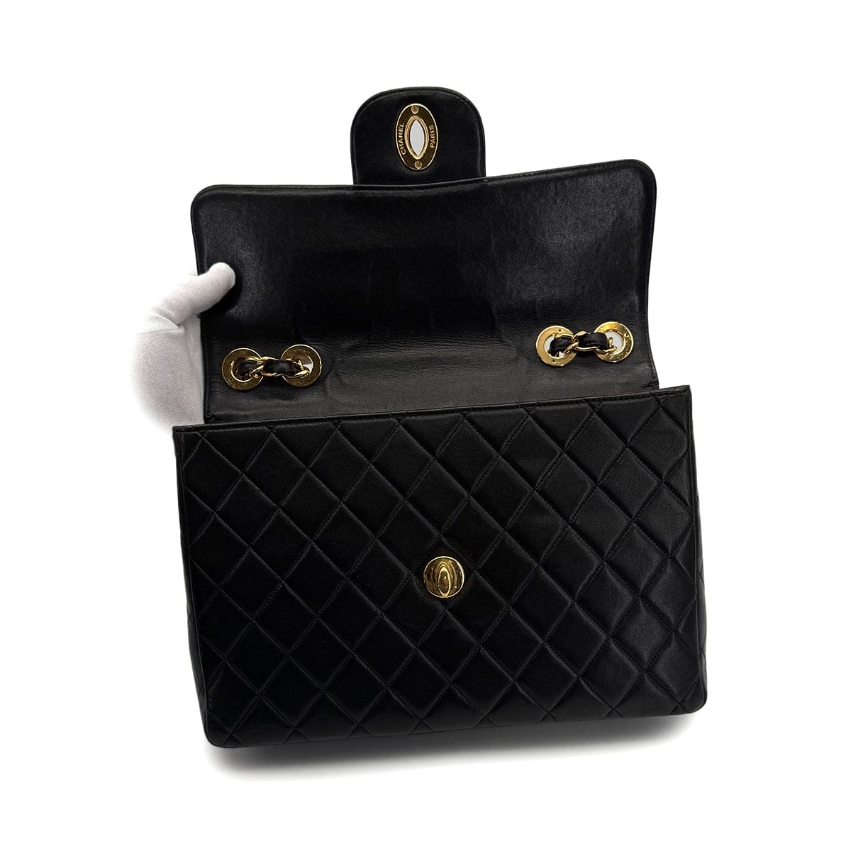 Luxury Promise Japan VINTAGE CHANEL CLASSIC FLAP JUMBO CHAIN SHOULDER BAG BLACK LAMB SKIN GOLD HARDWARE 90322527