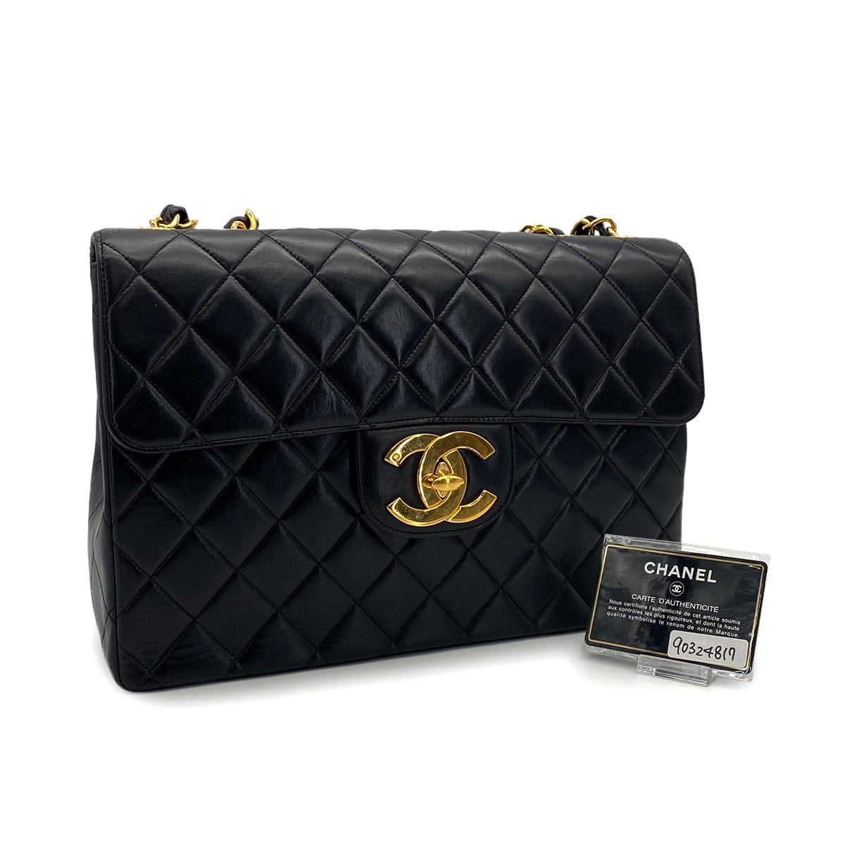 Luxury Promise Japan VINTAGE CHANEL CLASSIC FLAP JUMBO CHAIN SHOULDER BAG BLACK LAMB SKIN GOLD HARDWARE 90324817