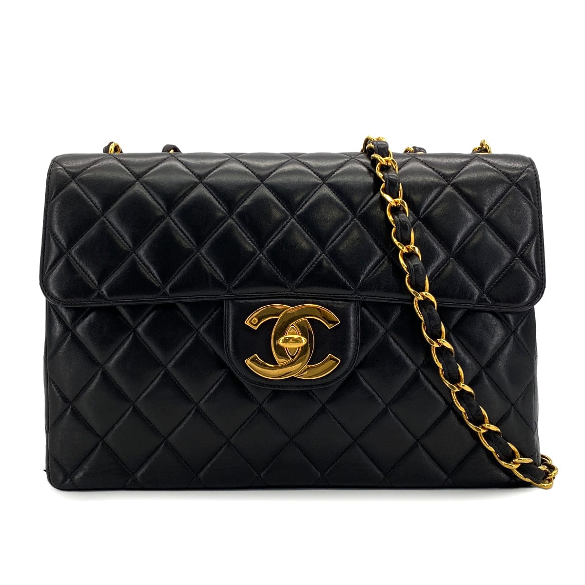 Luxury Promise Japan VINTAGE CHANEL CLASSIC FLAP JUMBO CHAIN SHOULDER BAG BLACK LAMB SKIN GOLD HARDWARE 90324817