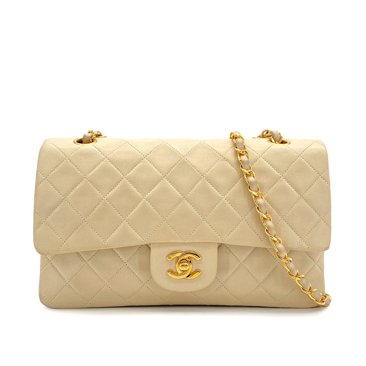 Luxury Promise Japan VINTAGE CHANEL CLASSIC FLAP MEDIUM CHAIN SHOULDER BAG BEIGE LAMB SKIN GOLD HARDWARE 90314339