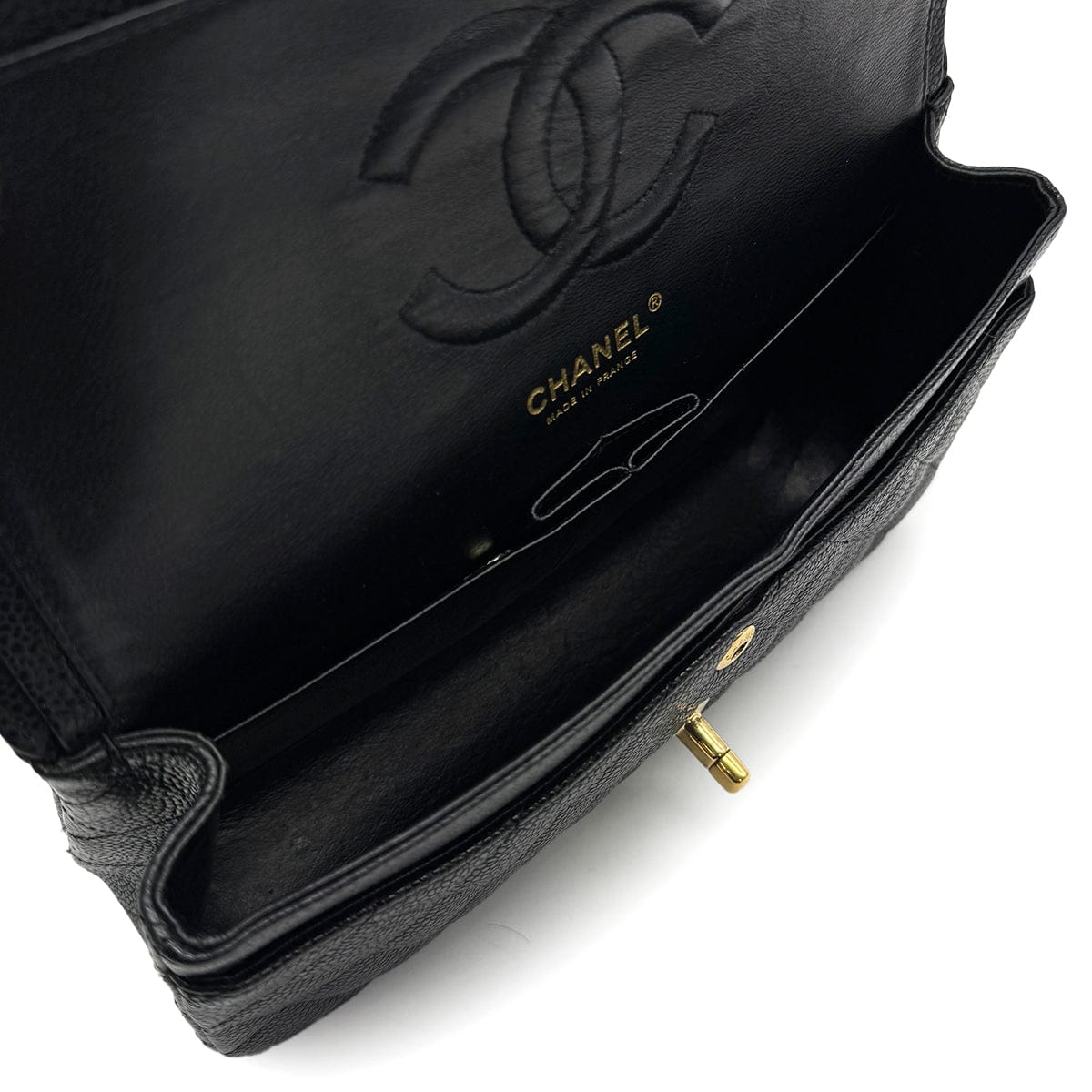Luxury Promise Japan VINTAGE CHANEL CLASSIC FLAP MEDIUM CHAIN SHOULDER BAG BLACK CAVIAR SKIN GOLD HARDWARE 90313556
