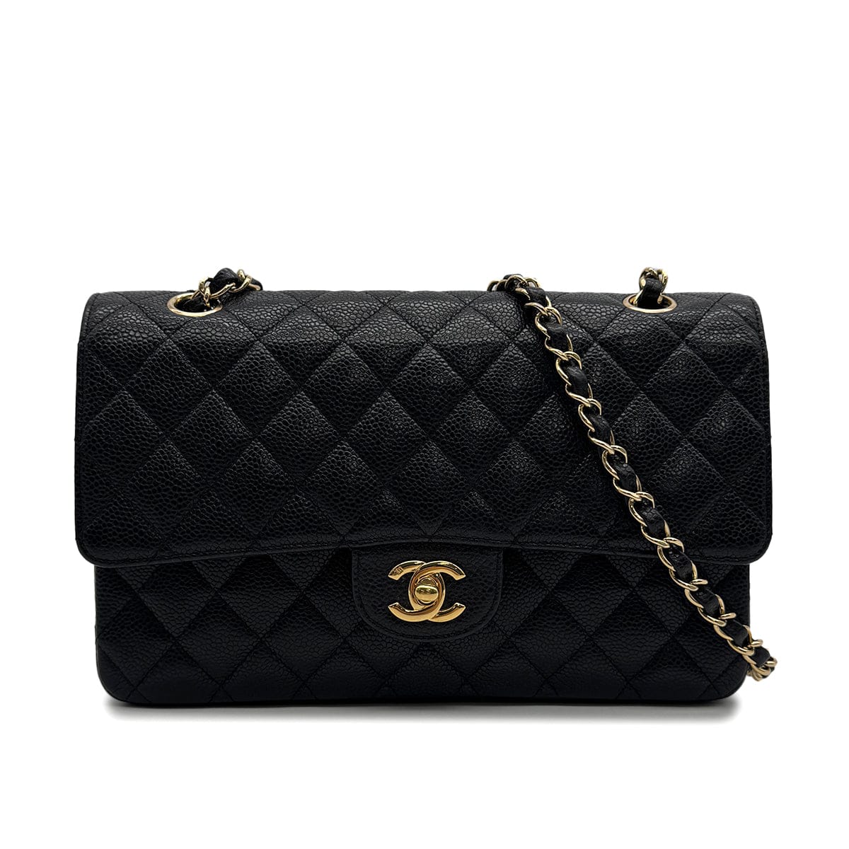 Luxury Promise Japan VINTAGE CHANEL CLASSIC FLAP MEDIUM CHAIN SHOULDER BAG BLACK CAVIAR SKIN GOLD HARDWARE 90313556