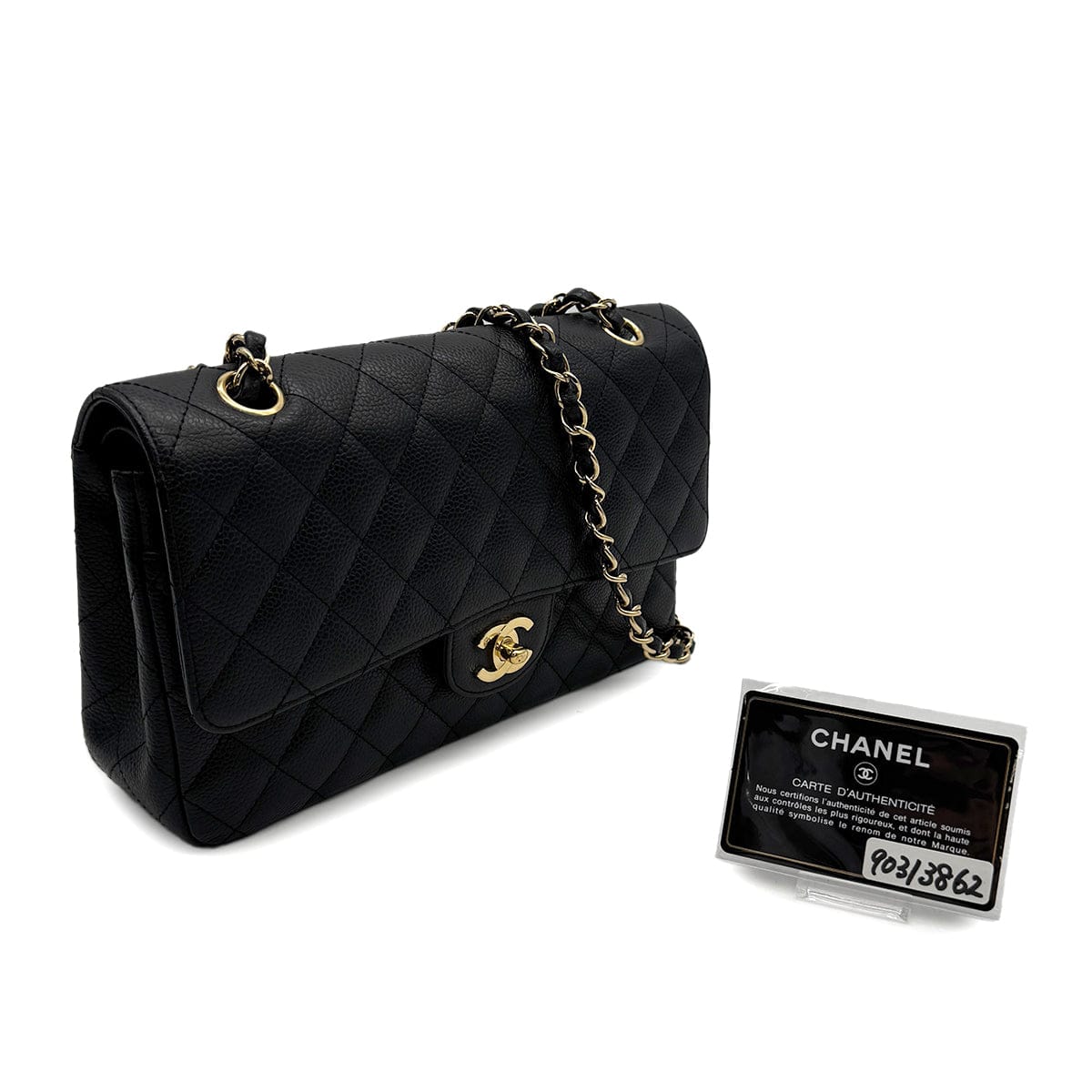 Luxury Promise Japan VINTAGE CHANEL CLASSIC FLAP MEDIUM CHAIN SHOULDER BAG BLACK CAVIAR SKIN GOLD HARDWARE 90313862