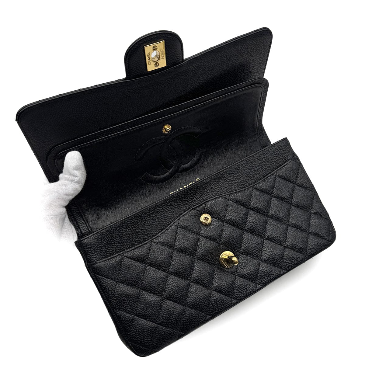 Luxury Promise Japan VINTAGE CHANEL CLASSIC FLAP MEDIUM CHAIN SHOULDER BAG BLACK CAVIAR SKIN GOLD HARDWARE 90313862