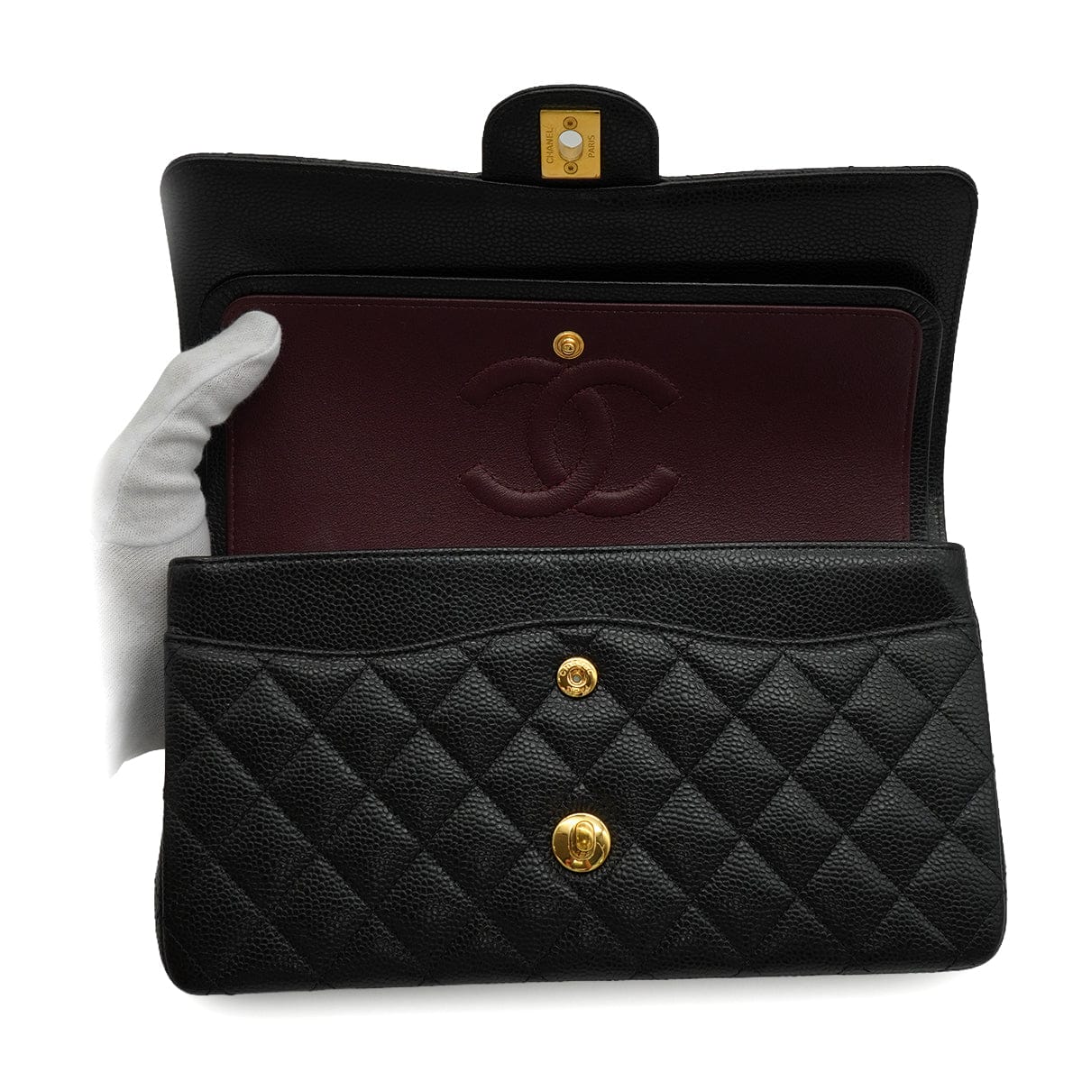 Luxury Promise Japan VINTAGE CHANEL CLASSIC FLAP MEDIUM CHAIN SHOULDER BAG BLACK CAVIAR SKIN GOLD HARDWARE 90345073
