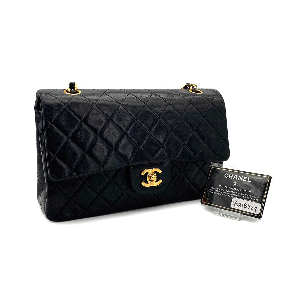 Luxury Promise Japan VINTAGE CHANEL CLASSIC FLAP MEDIUM CHAIN SHOULDER BAG BLACK LAMB SKIN GOLD HARDWARE 90318724