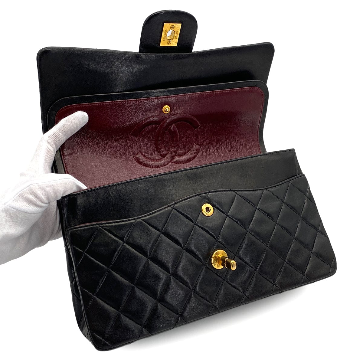Luxury Promise Japan VINTAGE CHANEL CLASSIC FLAP MEDIUM CHAIN SHOULDER BAG BLACK LAMB SKIN GOLD HARDWARE 90318733