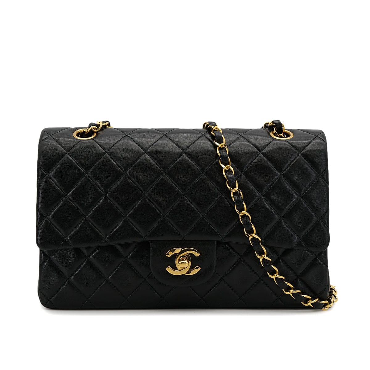 Luxury Promise Japan VINTAGE CHANEL CLASSIC FLAP MEDIUM CHAIN SHOULDER BAG BLACK LAMB SKIN GOLD HARDWARE 90323199