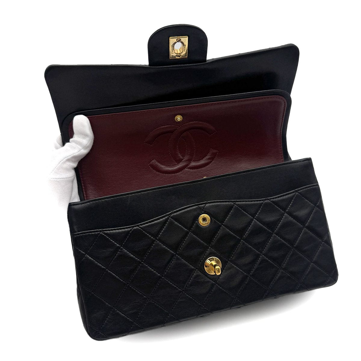 Luxury Promise Japan VINTAGE CHANEL CLASSIC FLAP MEDIUM CHAIN SHOULDER BAG BLACK LAMB SKIN GOLD HARDWARE 90323456