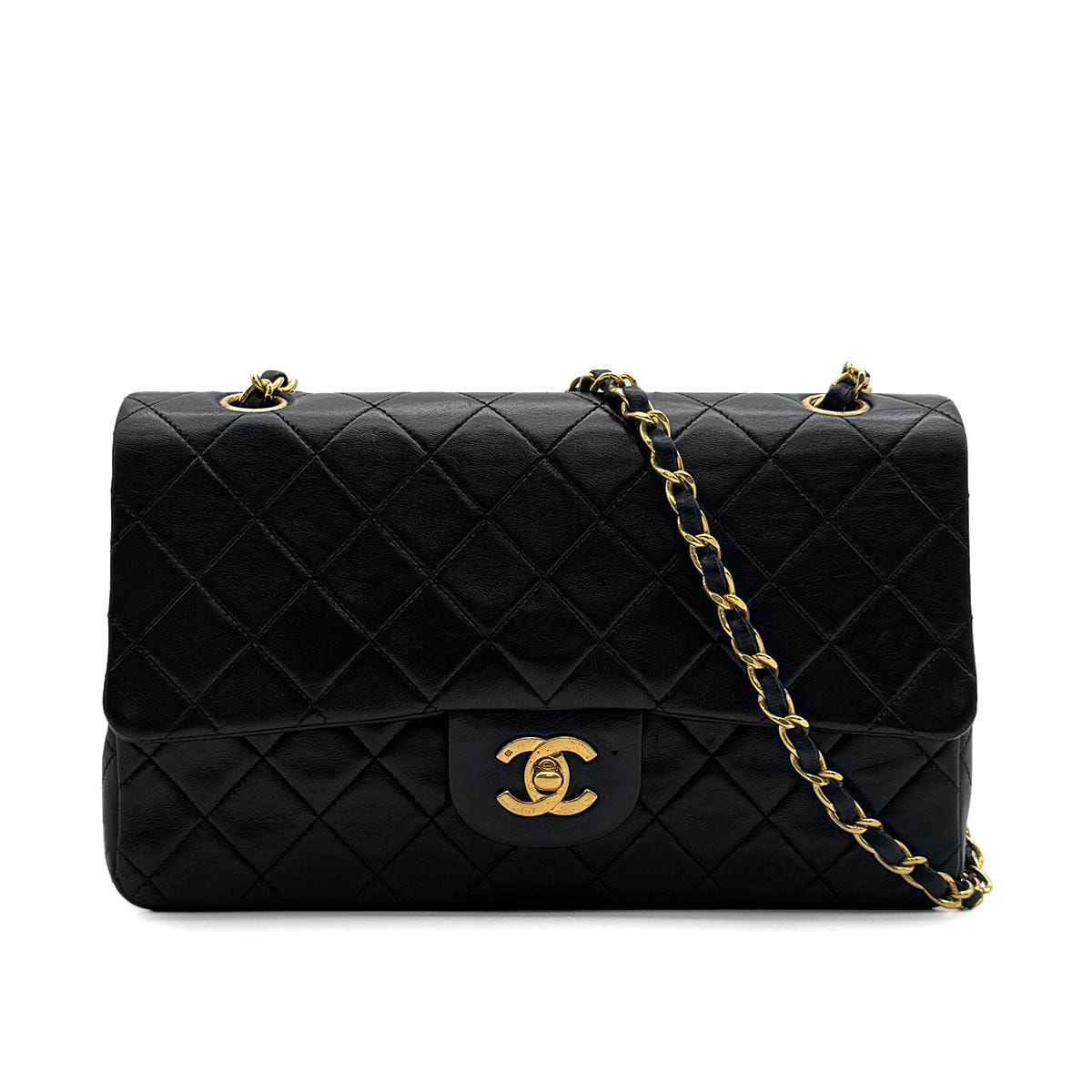 Luxury Promise Japan VINTAGE CHANEL CLASSIC FLAP MEDIUM CHAIN SHOULDER BAG BLACK LAMB SKIN GOLD HARDWARE 90323456