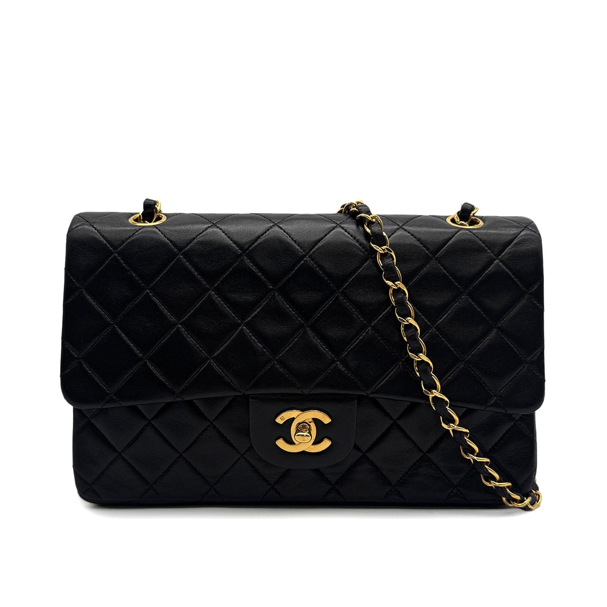 Luxury Promise Japan VINTAGE CHANEL CLASSIC FLAP MEDIUM CHAIN SHOULDER BAG BLACK LAMB SKIN GOLD HARDWARE 90323981