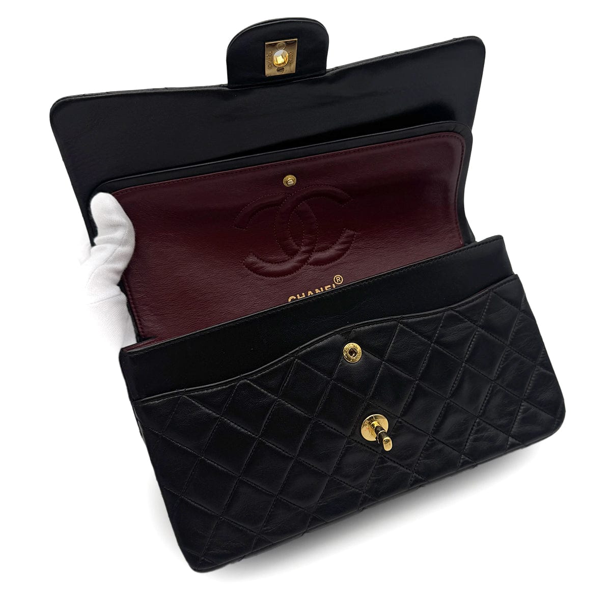 Luxury Promise Japan VINTAGE CHANEL CLASSIC FLAP MEDIUM CHAIN SHOULDER BAG BLACK LAMB SKIN GOLD HARDWARE 90323981