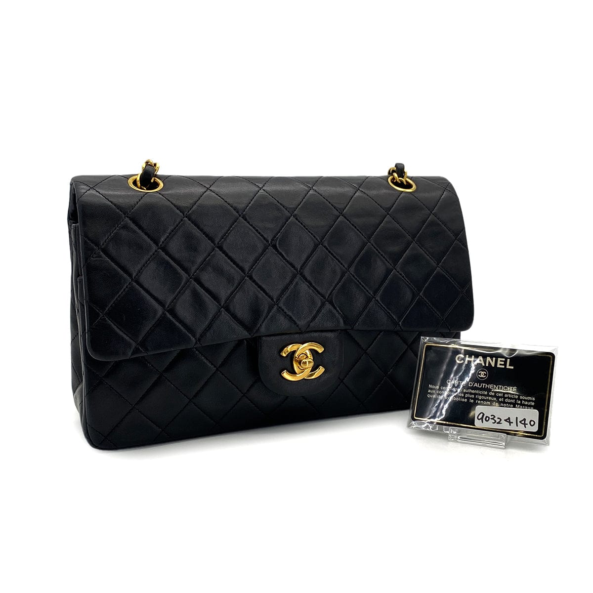 Luxury Promise Japan VINTAGE CHANEL CLASSIC FLAP MEDIUM CHAIN SHOULDER BAG BLACK LAMB SKIN GOLD HARDWARE 90324140