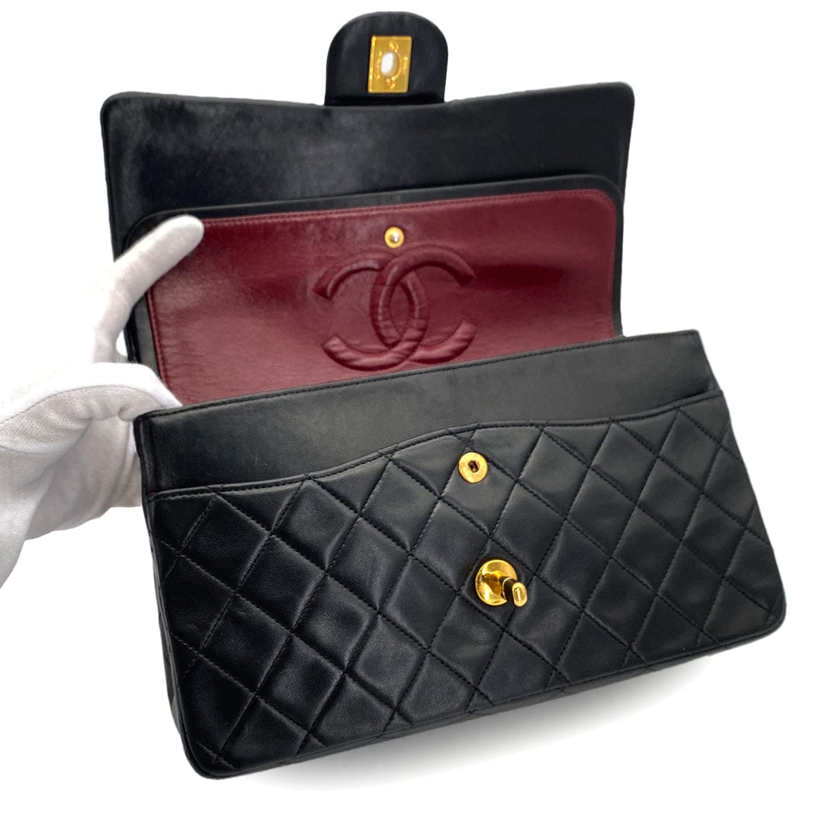 Luxury Promise Japan VINTAGE CHANEL CLASSIC FLAP MEDIUM CHAIN SHOULDER BAG BLACK LAMB SKIN GOLD HARDWARE 90324140