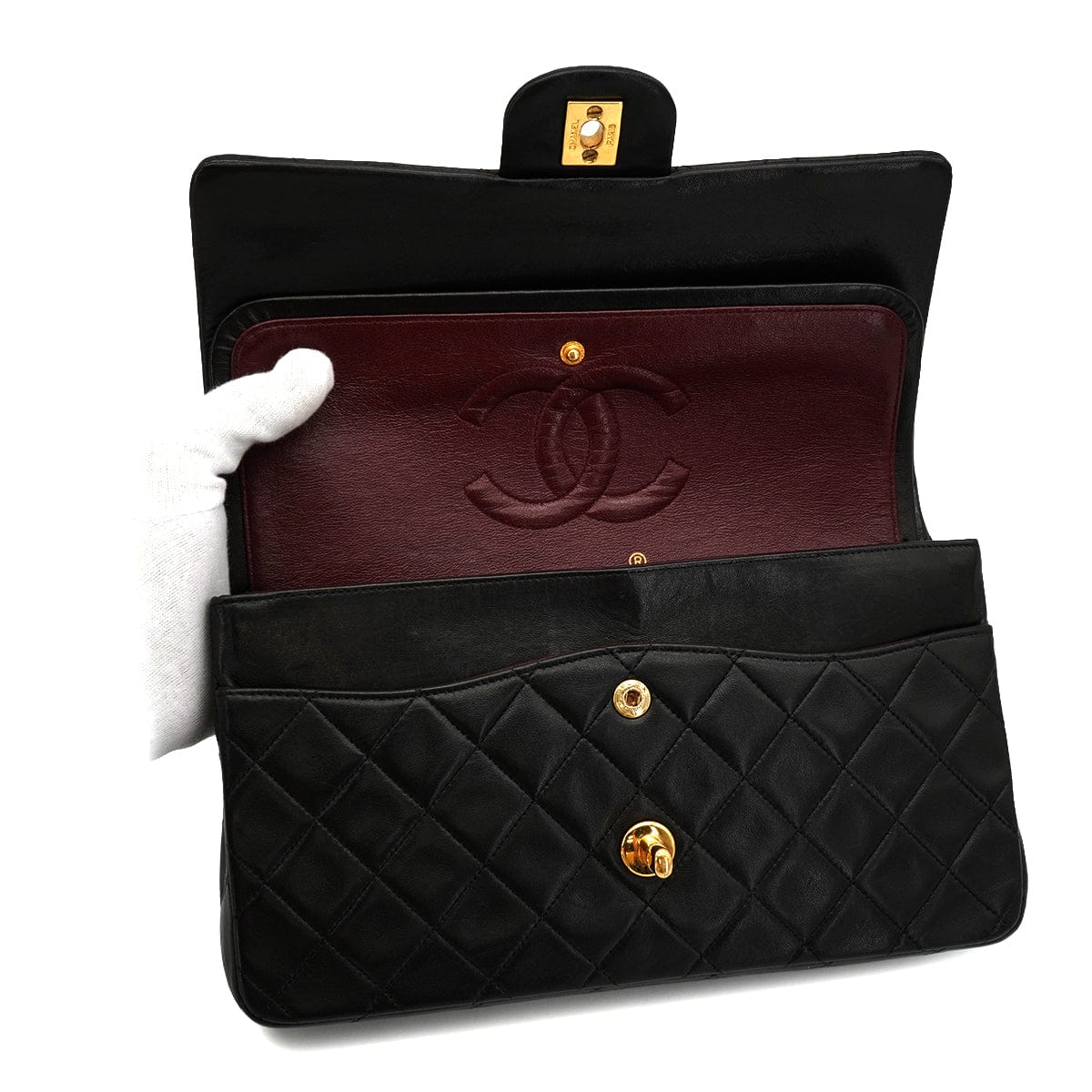 Luxury Promise Japan VINTAGE CHANEL CLASSIC FLAP MEDIUM CHAIN SHOULDER BAG BLACK LAMB SKIN GOLD HARDWARE 90343950