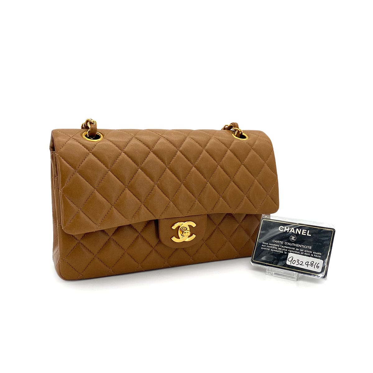Luxury Promise Japan VINTAGE CHANEL CLASSIC FLAP MEDIUM CHAIN SHOULDER BAG BROWN LAMB SKIN GOLD HARDWARE 90324816