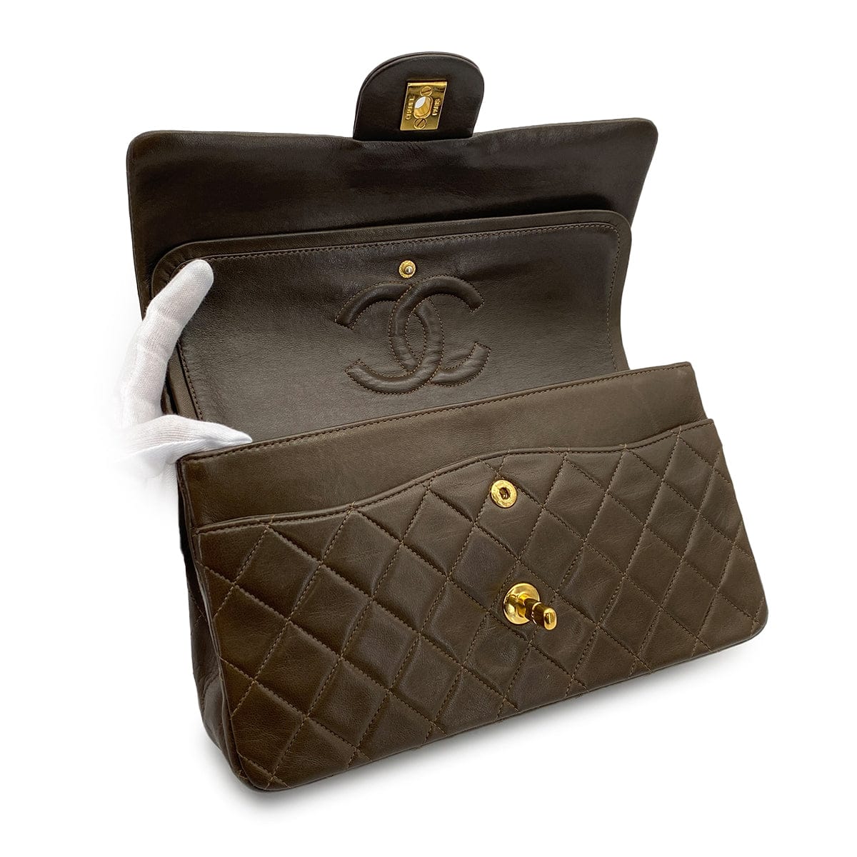 Luxury Promise Japan VINTAGE CHANEL CLASSIC FLAP MEDIUM CHAIN SHOULDER BAG KHAKI LAMB SKIN GOLD HARDWARE 90317177