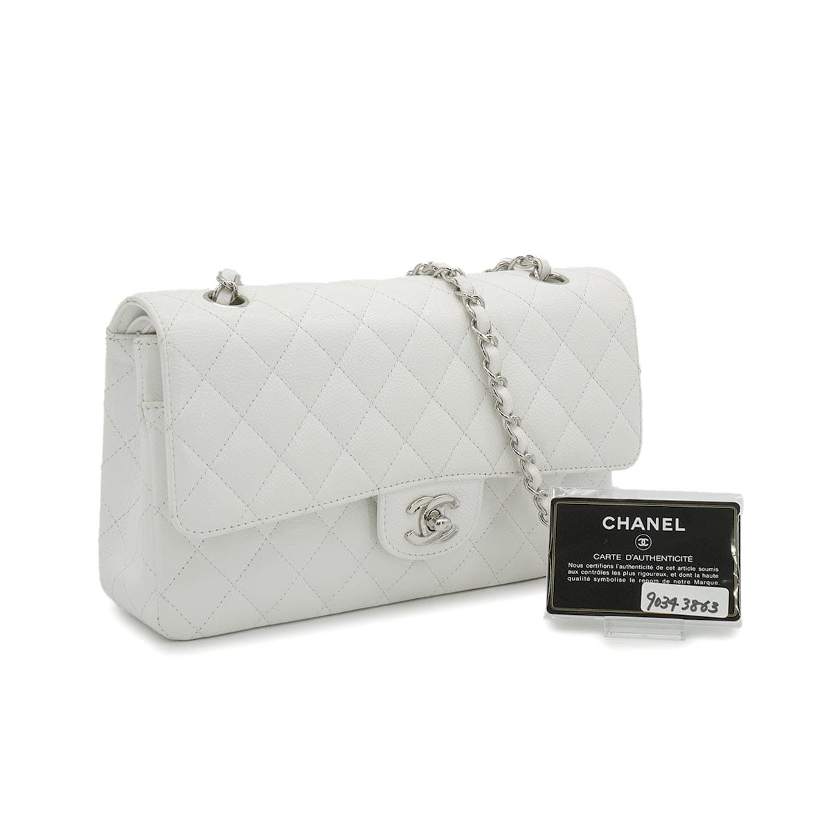 Luxury Promise Japan VINTAGE CHANEL CLASSIC FLAP MEDIUM CHAIN SHOULDER BAG WHITE CAVIR SKIN SILVER HARDWARE 90343863