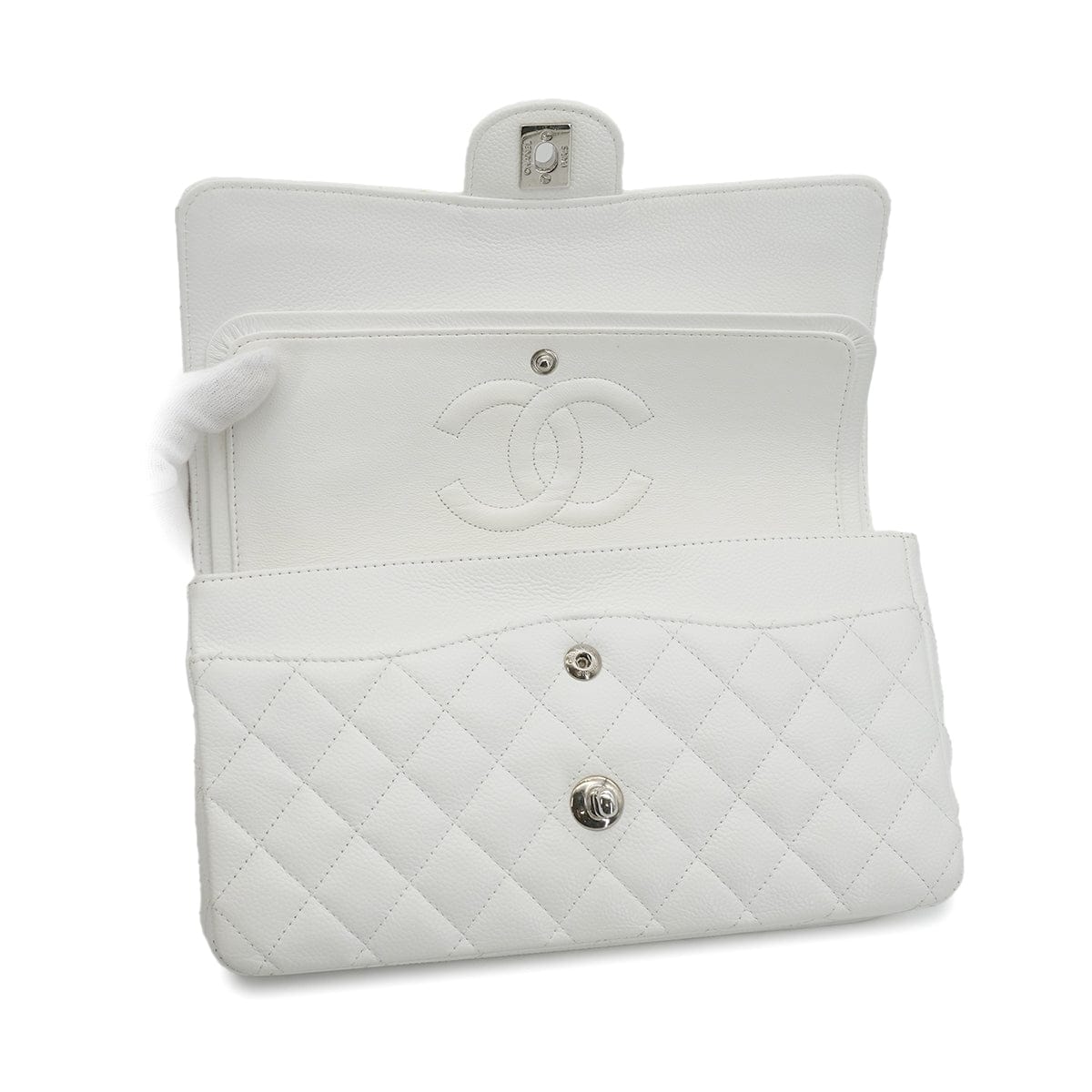 Luxury Promise Japan VINTAGE CHANEL CLASSIC FLAP MEDIUM CHAIN SHOULDER BAG WHITE CAVIR SKIN SILVER HARDWARE 90343863