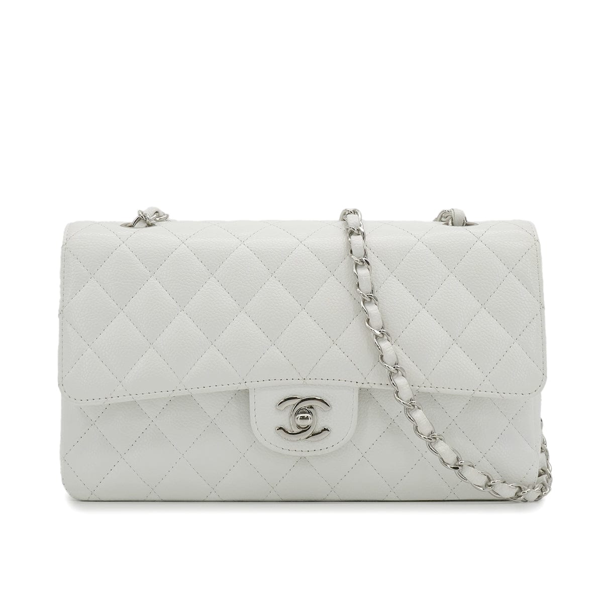 Luxury Promise Japan VINTAGE CHANEL CLASSIC FLAP MEDIUM CHAIN SHOULDER BAG WHITE CAVIR SKIN SILVER HARDWARE 90343863