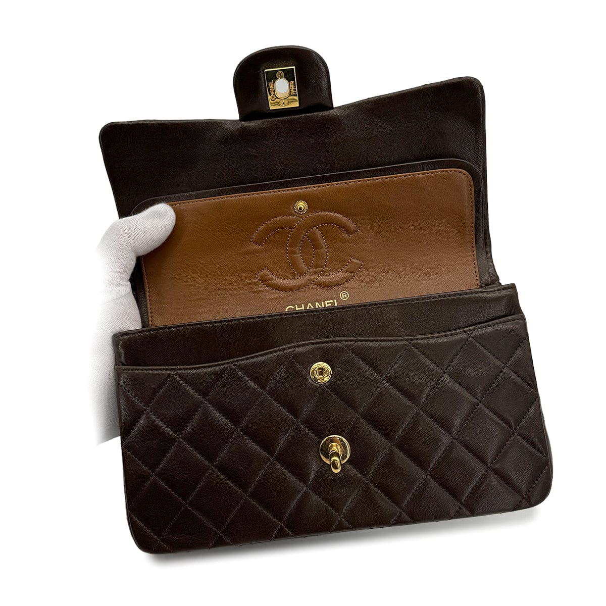 Luxury Promise Japan VINTAGE CHANEL CLASSIC FLAP SMALL CHAIN SHOULDER BAG BROWN LAMB SKIN GOLD HARDWARE 90322290