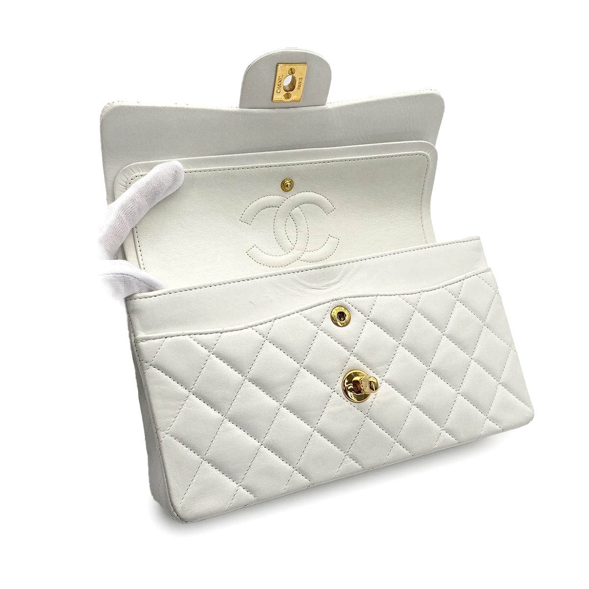 Luxury Promise Japan VINTAGE CHANEL CLASSIC FLAP SMALL CHAIN SHOULDER BAG WHITE LAMB SKIN GOLD HARDWARE 90317866