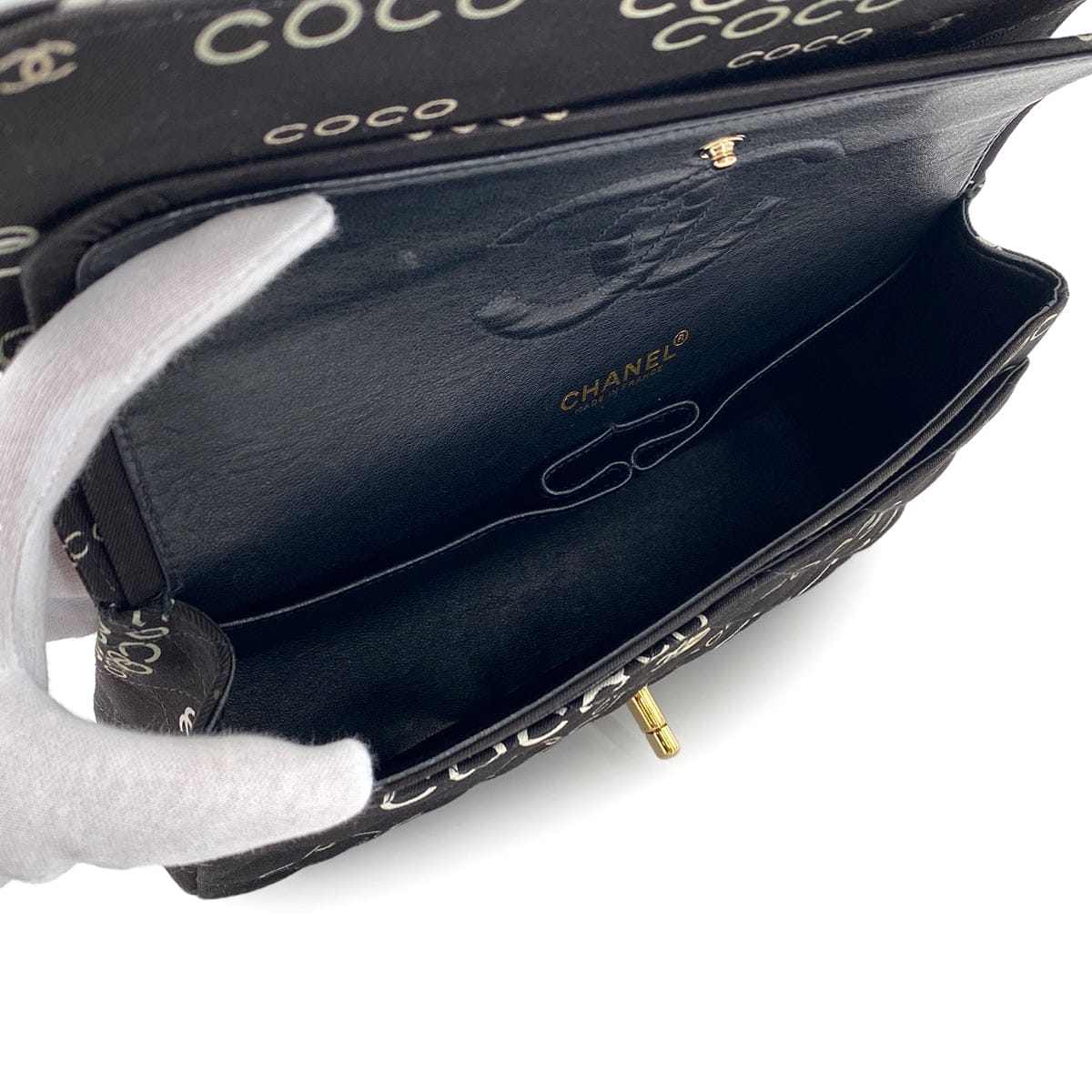 Luxury Promise Japan VINTAGE CHANEL COCO PRINT CHAIN SHOULDER BAG BLACK CANVAS GOLD HARDWARE 90324628