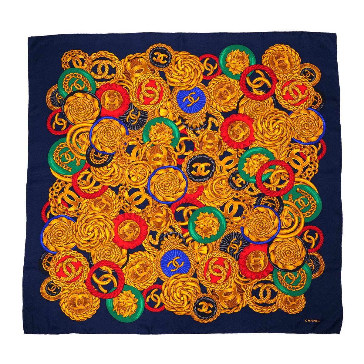 Luxury Promise Japan VINTAGE CHANEL COCOMARK BUTTON PATTERN SCARF NAVY SILK 90324112