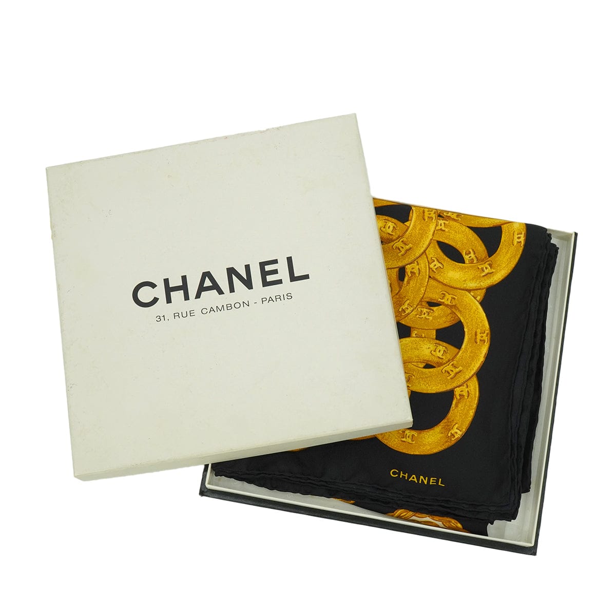 Luxury Promise Japan VINTAGE CHANEL COCOMARK CHAIN BUTTON PATTERN SCARF BLACK GOLD 90346695