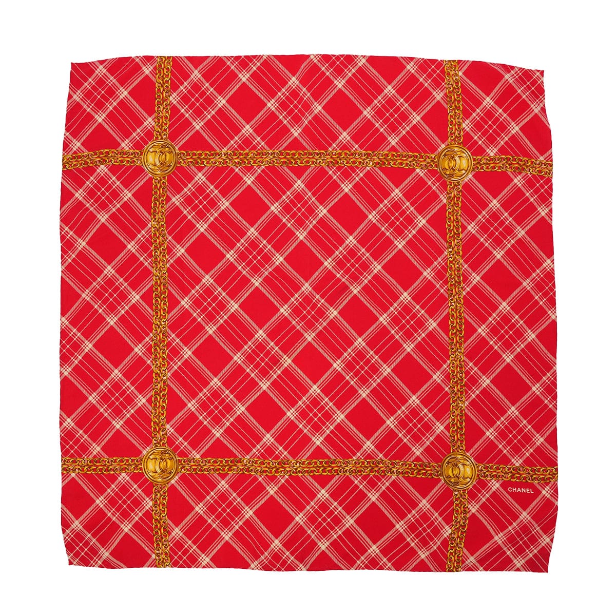 Luxury Promise Japan VINTAGE CHANEL COCOMARK CHAIN CHECK PATTERN SCARF RED SILK 90322220