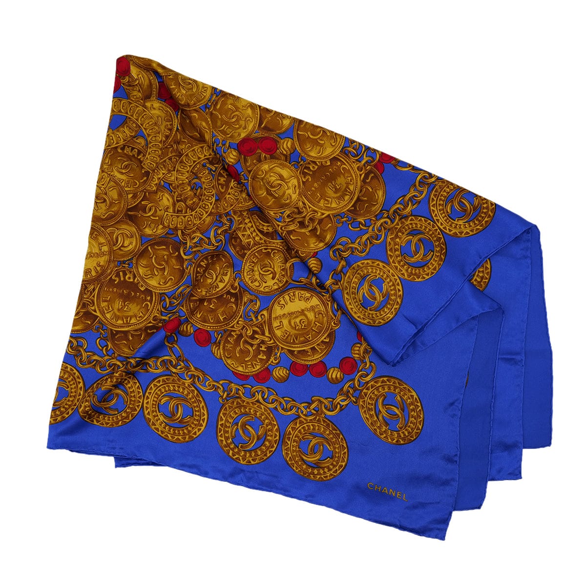 Luxury Promise Japan VINTAGE CHANEL COCOMARK CHAIN PATTERN SCARF BLUE SILK 90324798