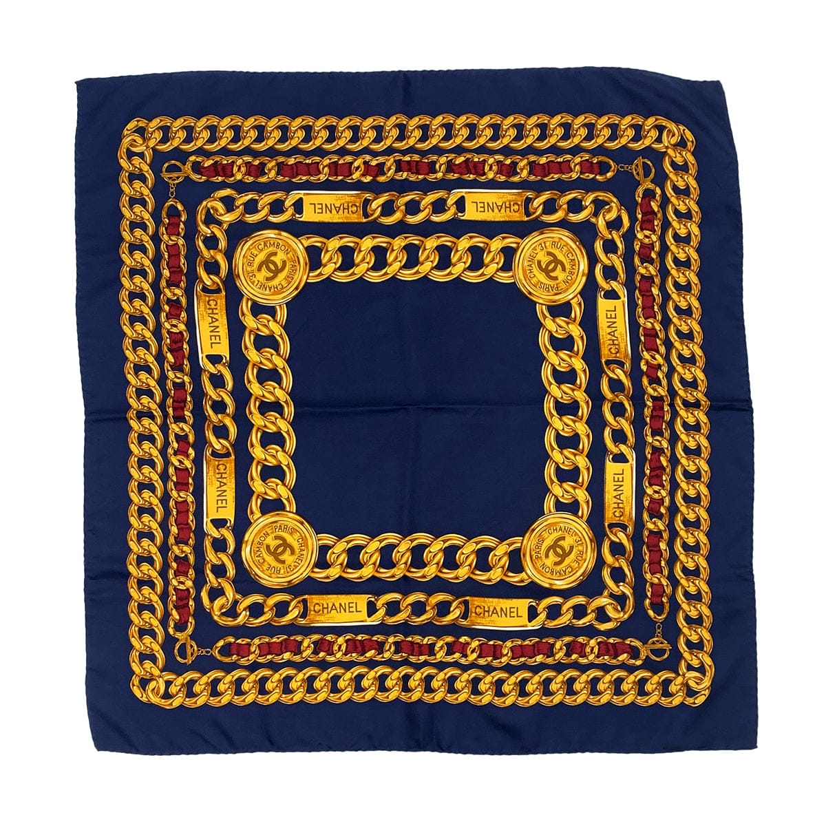 Luxury Promise Japan VINTAGE CHANEL COCOMARK CHAIN PATTERN SCARF NAVY SILK 90322542