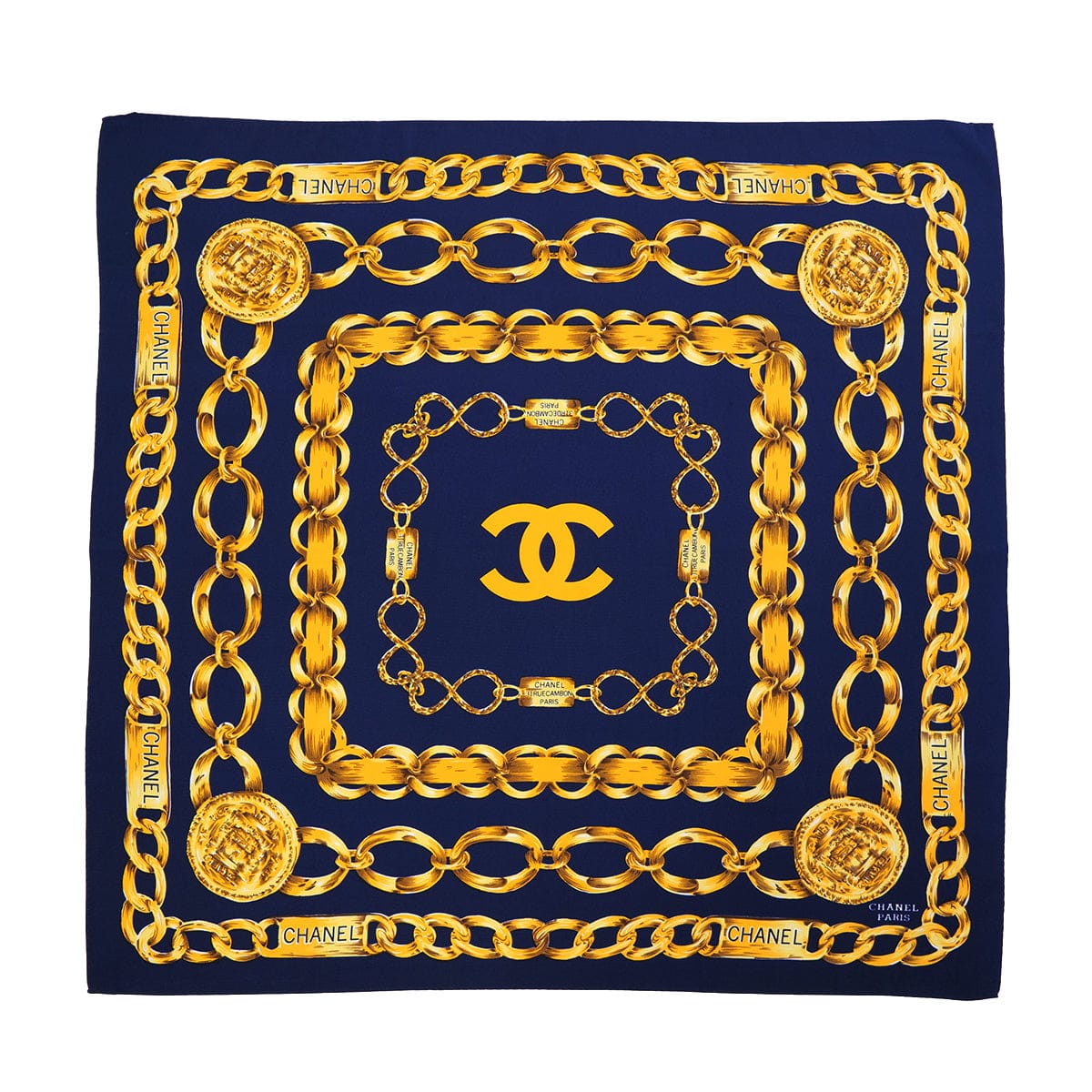 Luxury Promise Japan VINTAGE CHANEL COCOMARK CHAIN PATTERN SCARF NAVY SILK 90323165