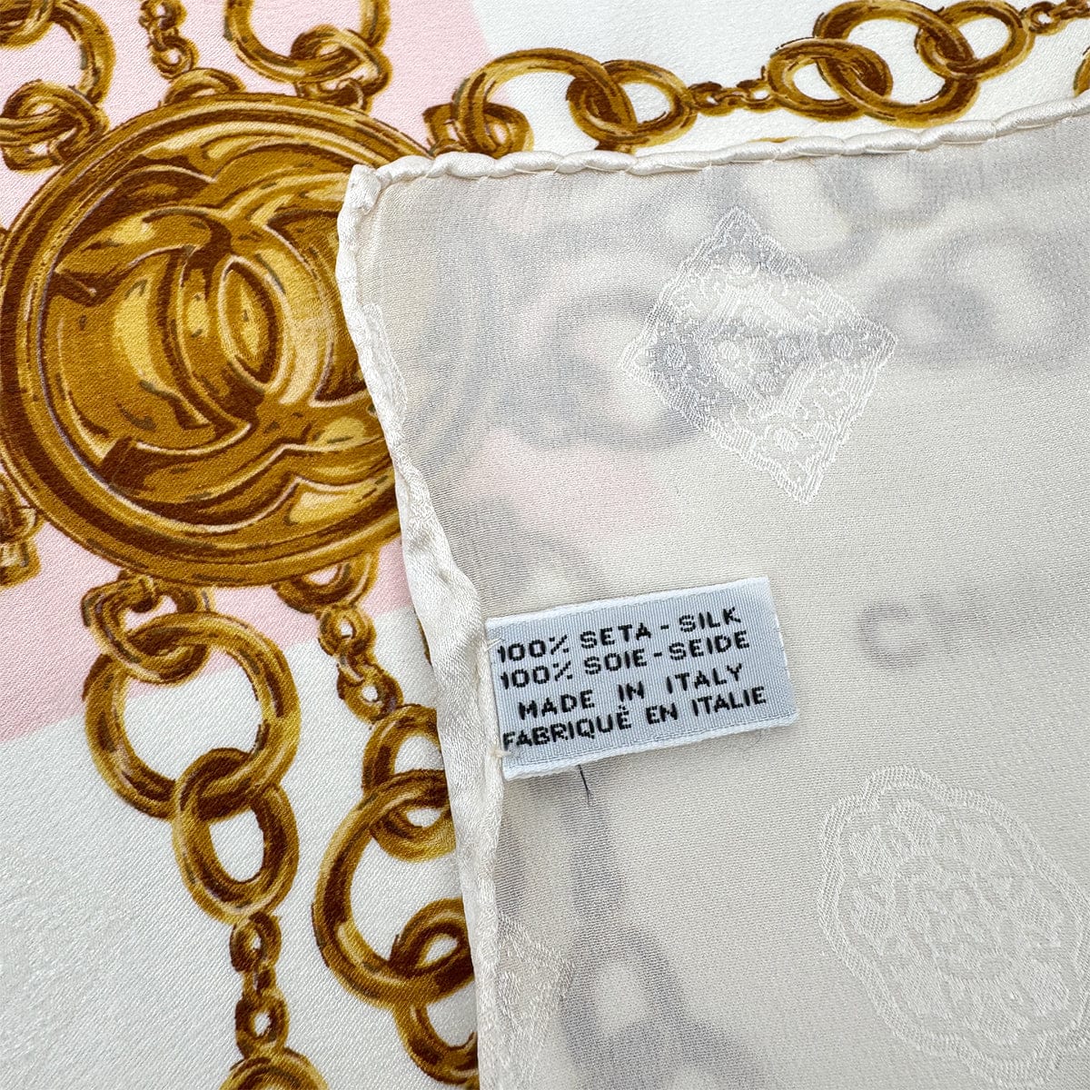 Luxury Promise Japan VINTAGE CHANEL COCOMARK CHAIN PATTERN SCARF PINK WHITE SILK 90324787
