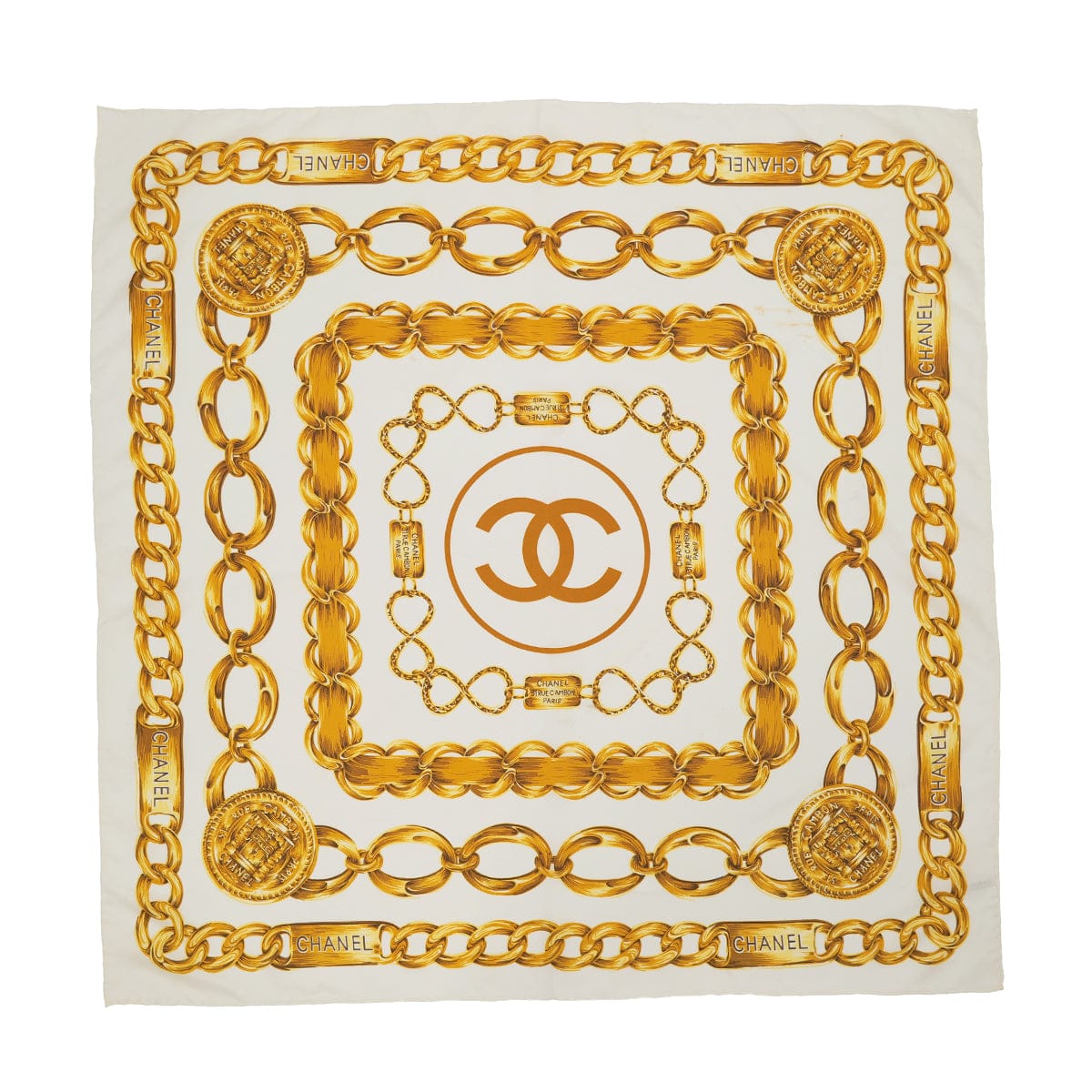 Luxury Promise Japan VINTAGE CHANEL COCOMARK CHAIN PATTERN SCARF WHITE SILK 90323144